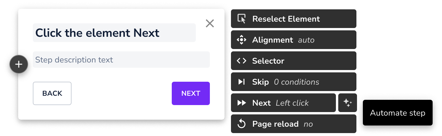 Step options in editor showing the automate step option as part of the Next option