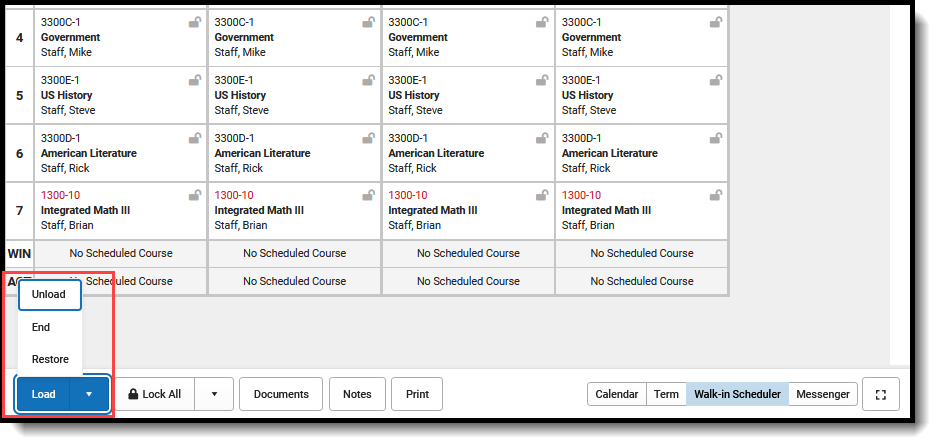 Screenshot of the available Load options for adding course requests.