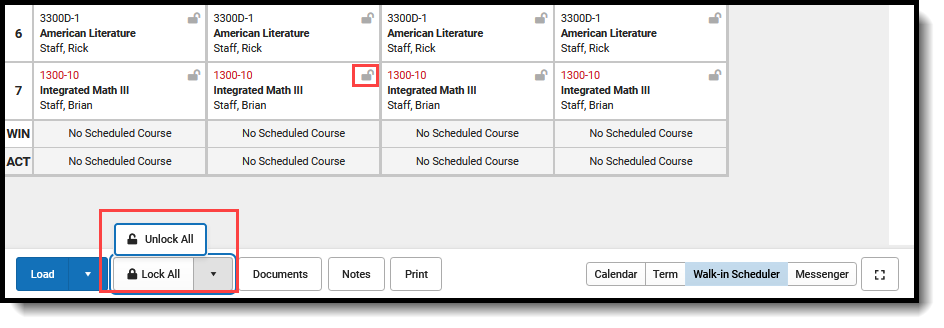 Screenshot of the Lock and Unlock options and how to lock or unlock individual courses.