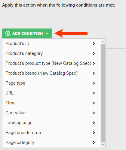 The ADD CONDITIONS selector and its options for an HTML-based product detail page badging action