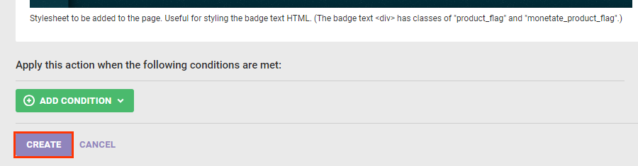 Callout of the CREATE button on an HTML-based product detail page badging action template