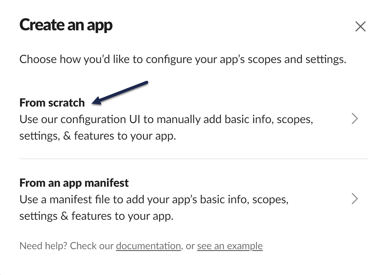 Screenshot of Slack's Create an app pop-up with a call-out highlighting the From scratch option