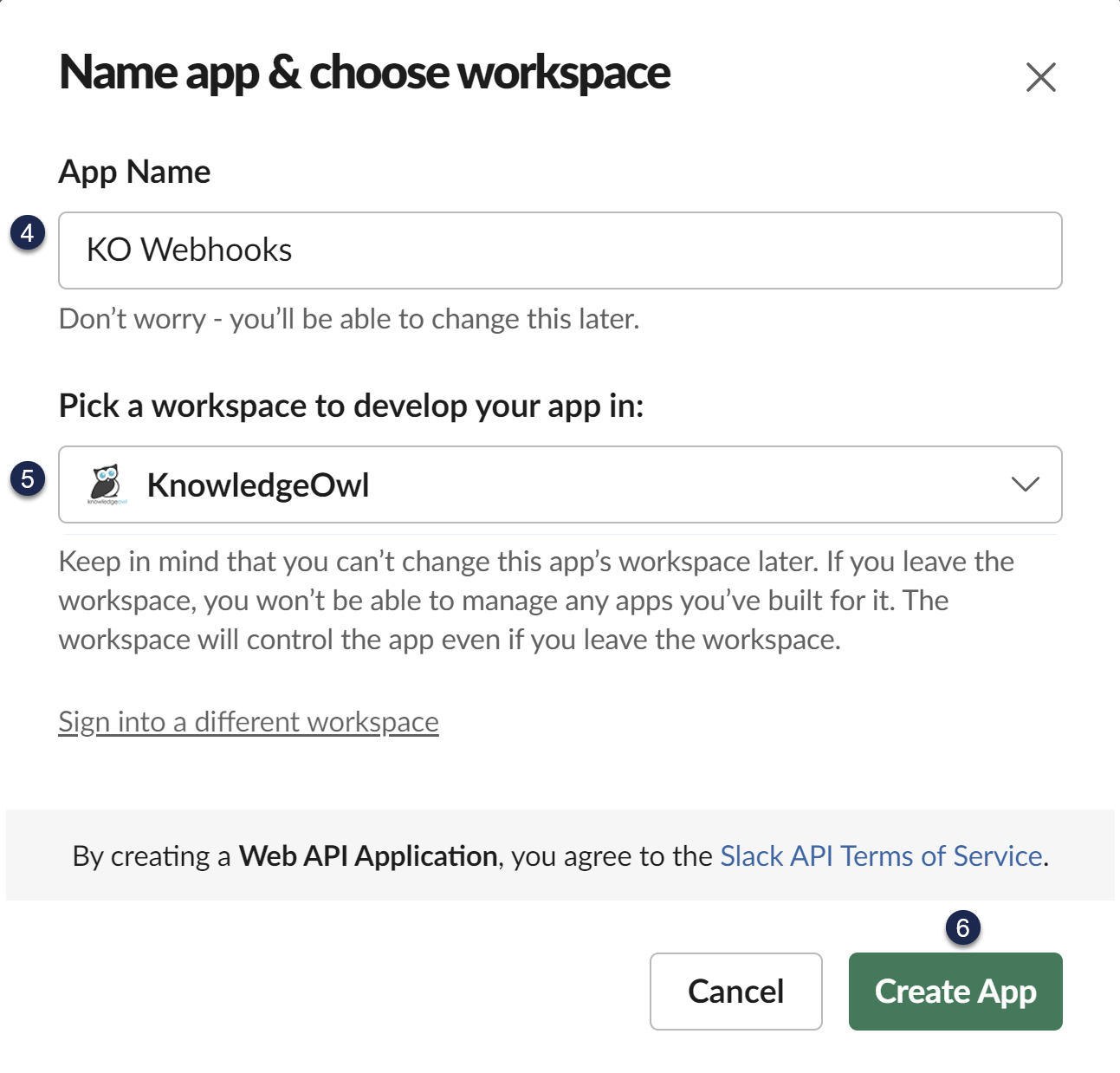A screenshot of the Name app & choose workspace pop-up with an App Name of KO Webhooks added and the KnowledgeOwl workspace selected