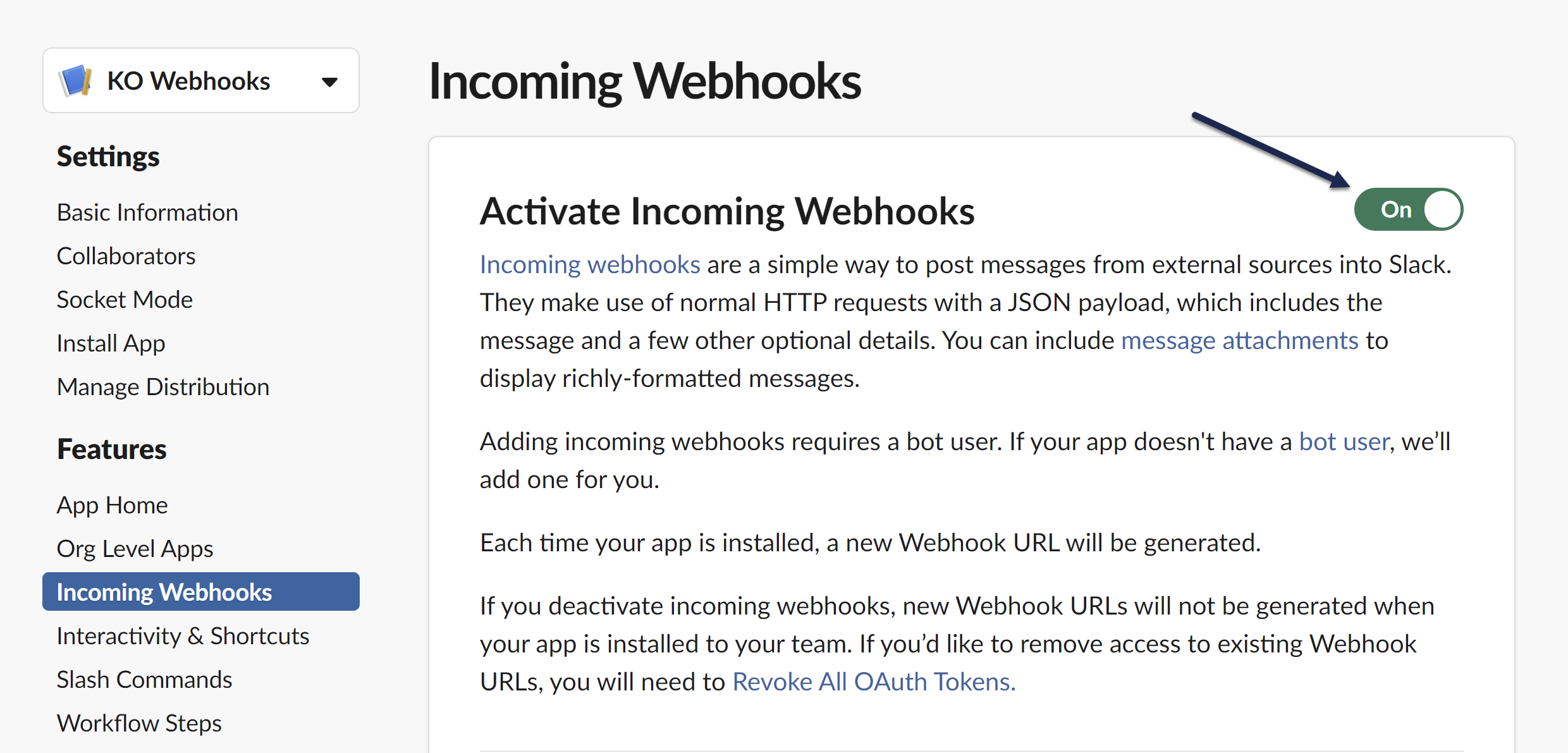 A screenshot of the Incoming Webhooks page of the Slack app with the toggle next to Activate Incoming Webhooks set to 'On'