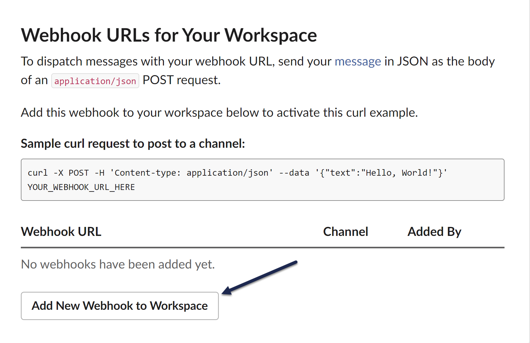 A screenshot of the Webhook URLs for Your Workspace section of the Slack App with an arrow pointing at the Add New Webhook to Workspace button