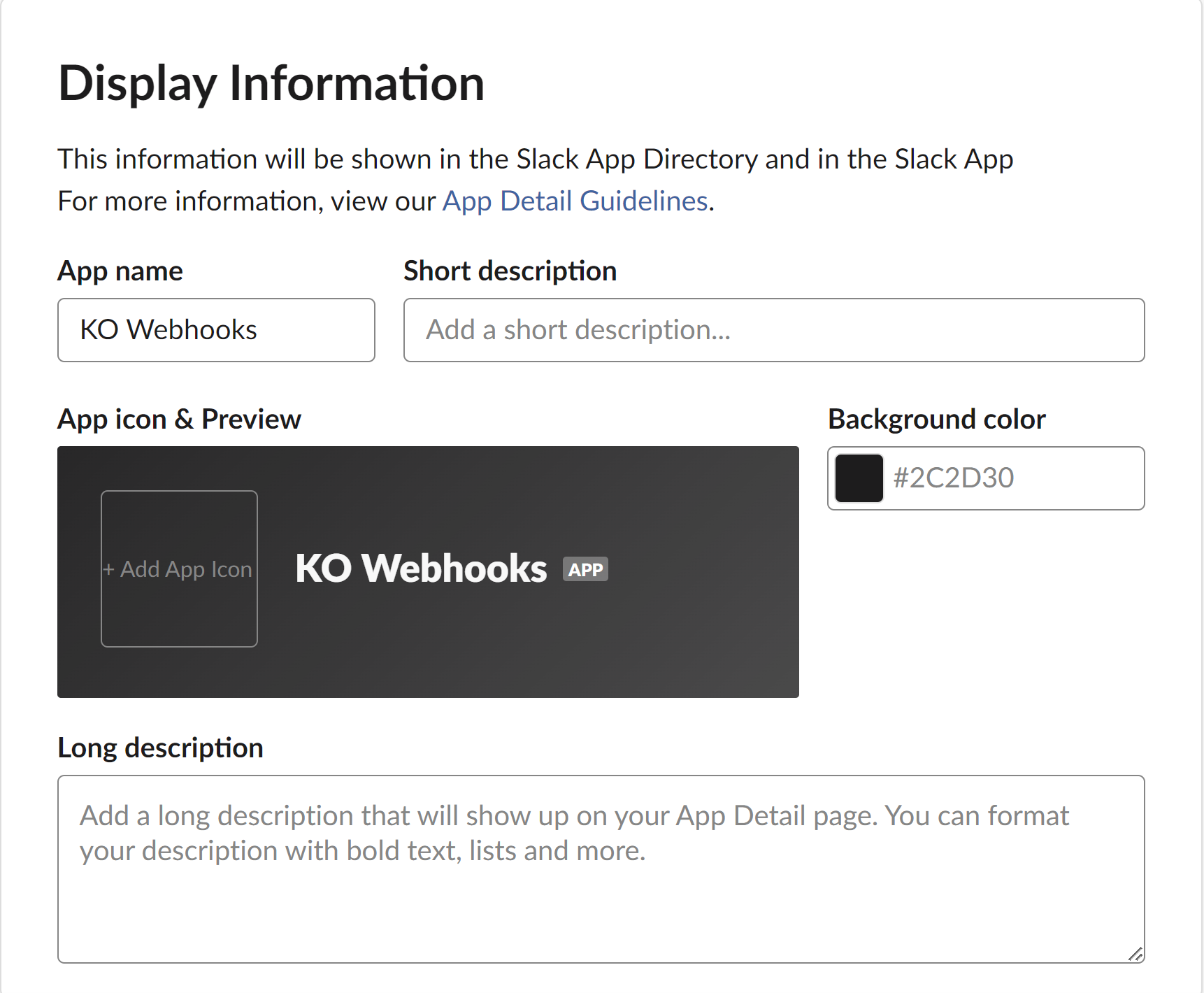 A screenshot of the Display Information section for the Slack app
