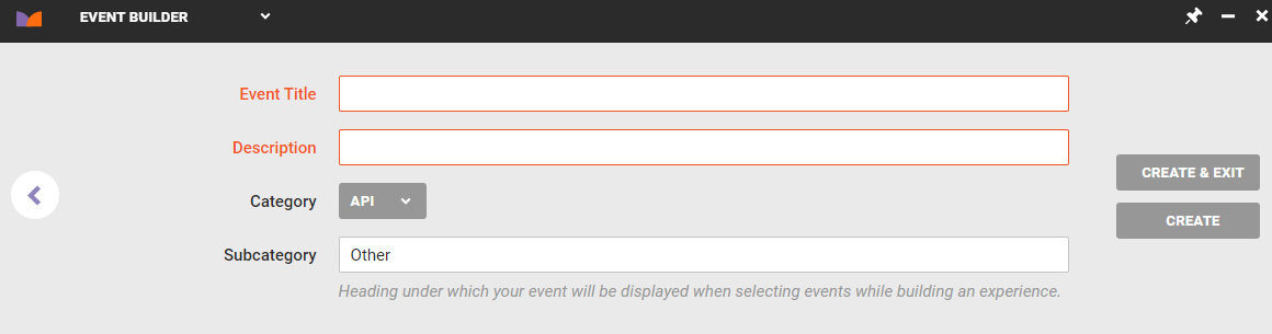 The final panel of Event Builder, with the Event Title field, the Description field and the CREATE & EXIT button