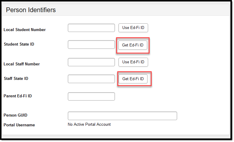 Image of Person Identifiers editor highlighting the Get Ed-Fi ID buttons by the student and staff stateID fields.