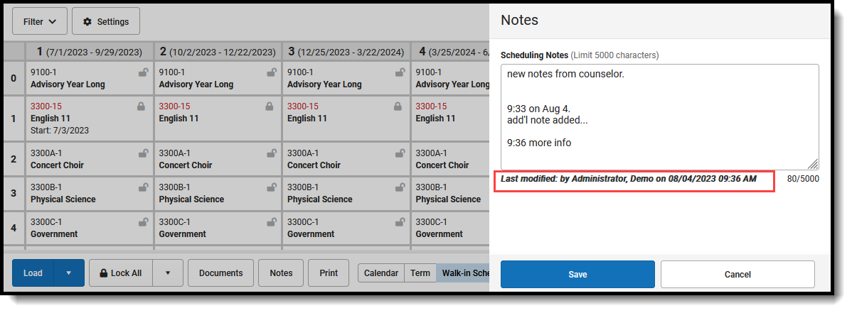 Screenshot of the Notes Side Panel with the Last Modified By informaiton highlighted in red box
