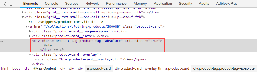 Sample of HTML code for a sale item on a retail site's product list page, as seen in Google Chrome DevTools