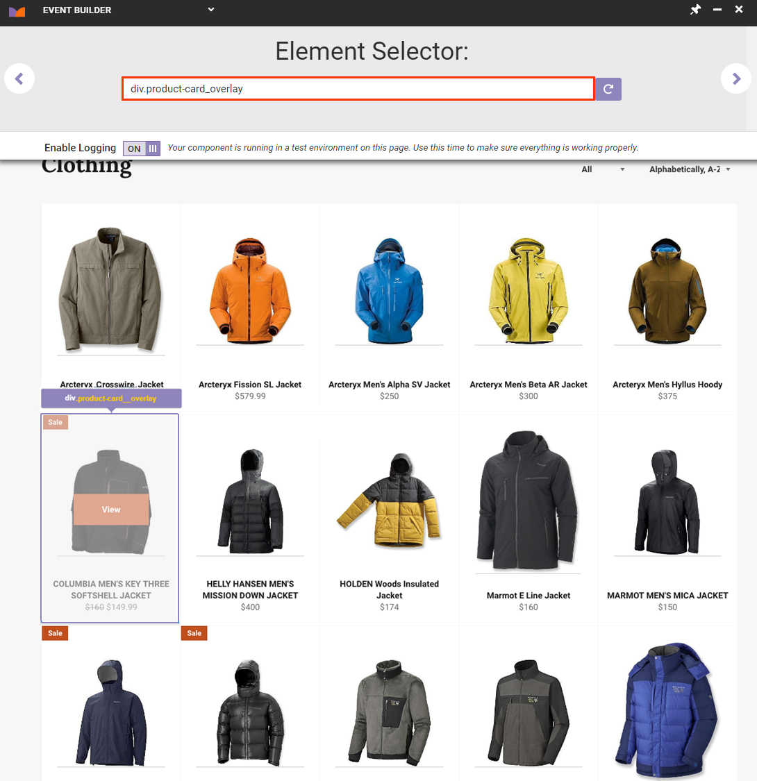 The Element Selector tool in Event Builder, with a container selected for a product on a product list page