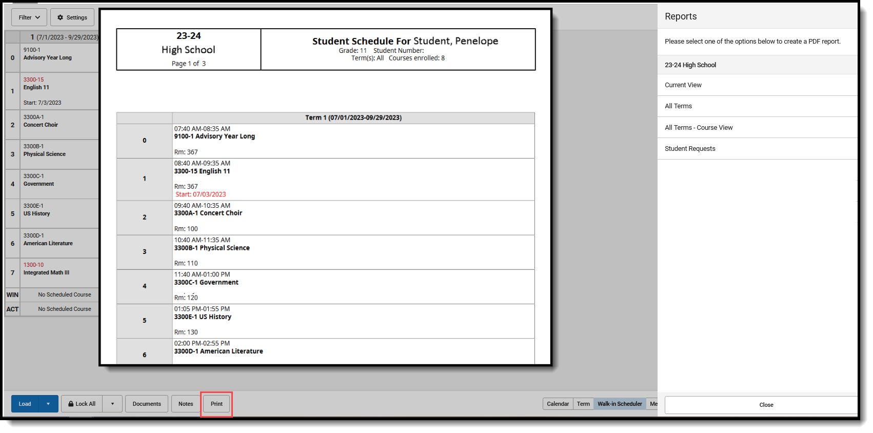 Screenshot of available reports in the Walk-In Scheduler