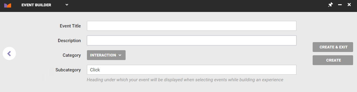 The final panel of Event Builder, with the Event Title field, the Description field, and the CREATE & EXIT button