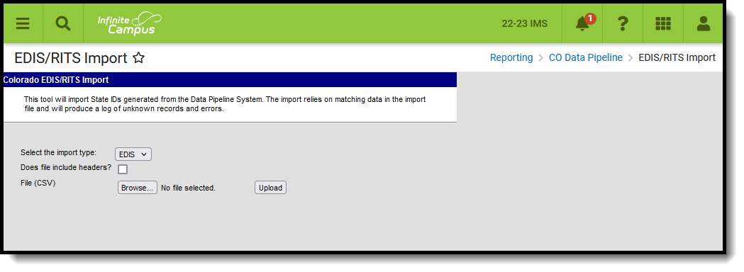 Screenshot of the EDIS RITS Import editor, located at Reporting, CO Data Pipeline
