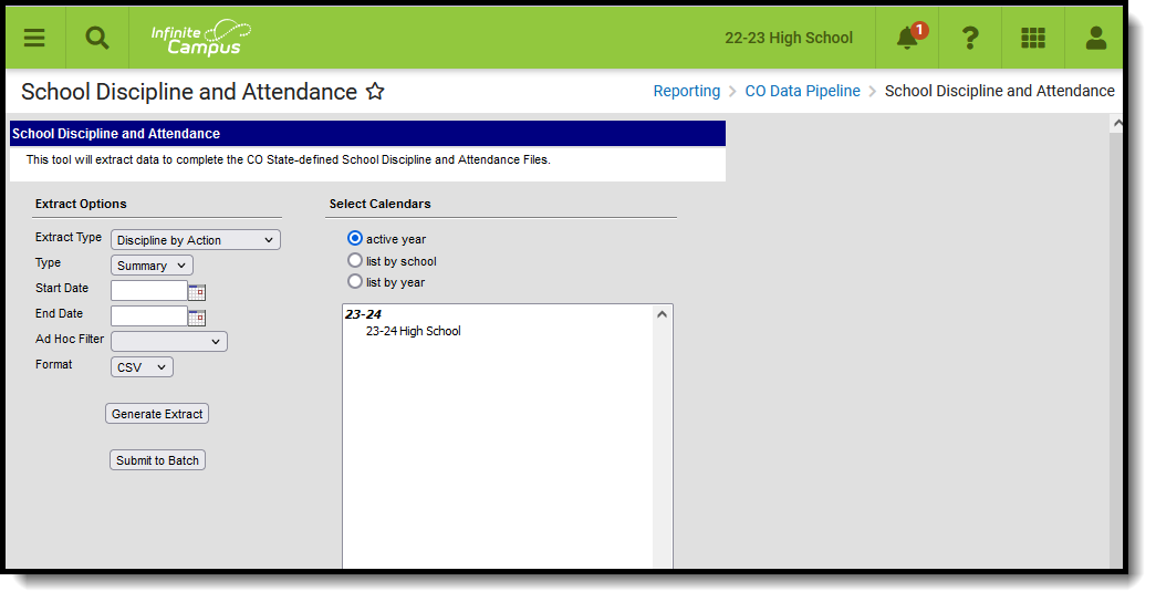 Screenshot of the Discipline by Action editor available at Reporting, CO Data Pipeline, School Discipline and Attendance