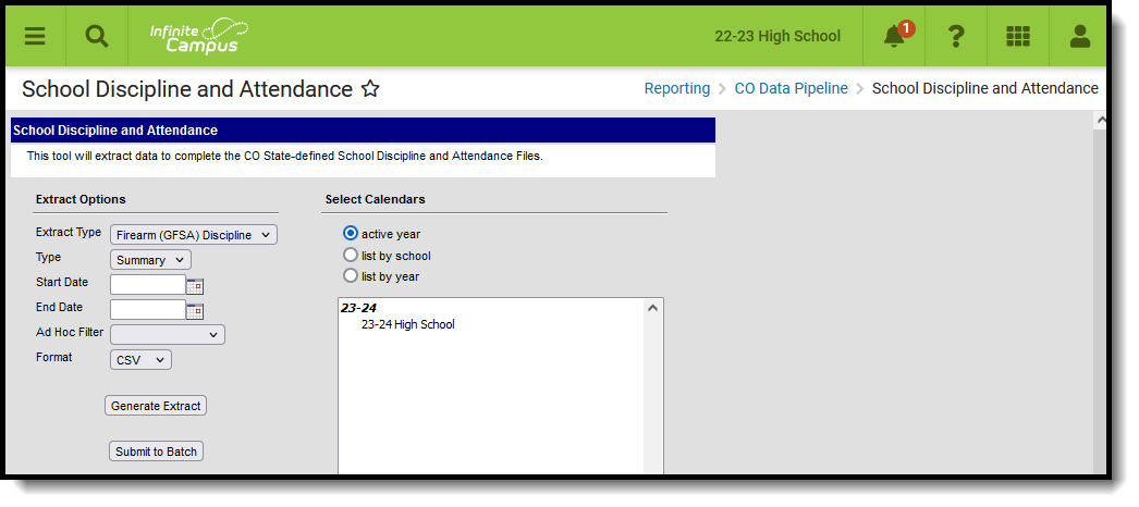 Screenshot of the Firearm GFSA Discipline Extract available at Reporting, CO Data Pipeline, School Discipline and Attendance