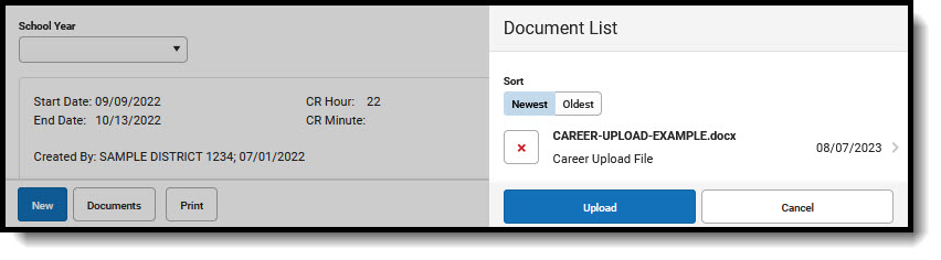 Screen shot showing Document List side panel, uploaded document, and Upload/Cancel buttons.