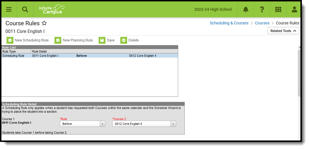 Screenshot of the Course Rules editor available at Scheduling and Courses, Courses, Course Rules.