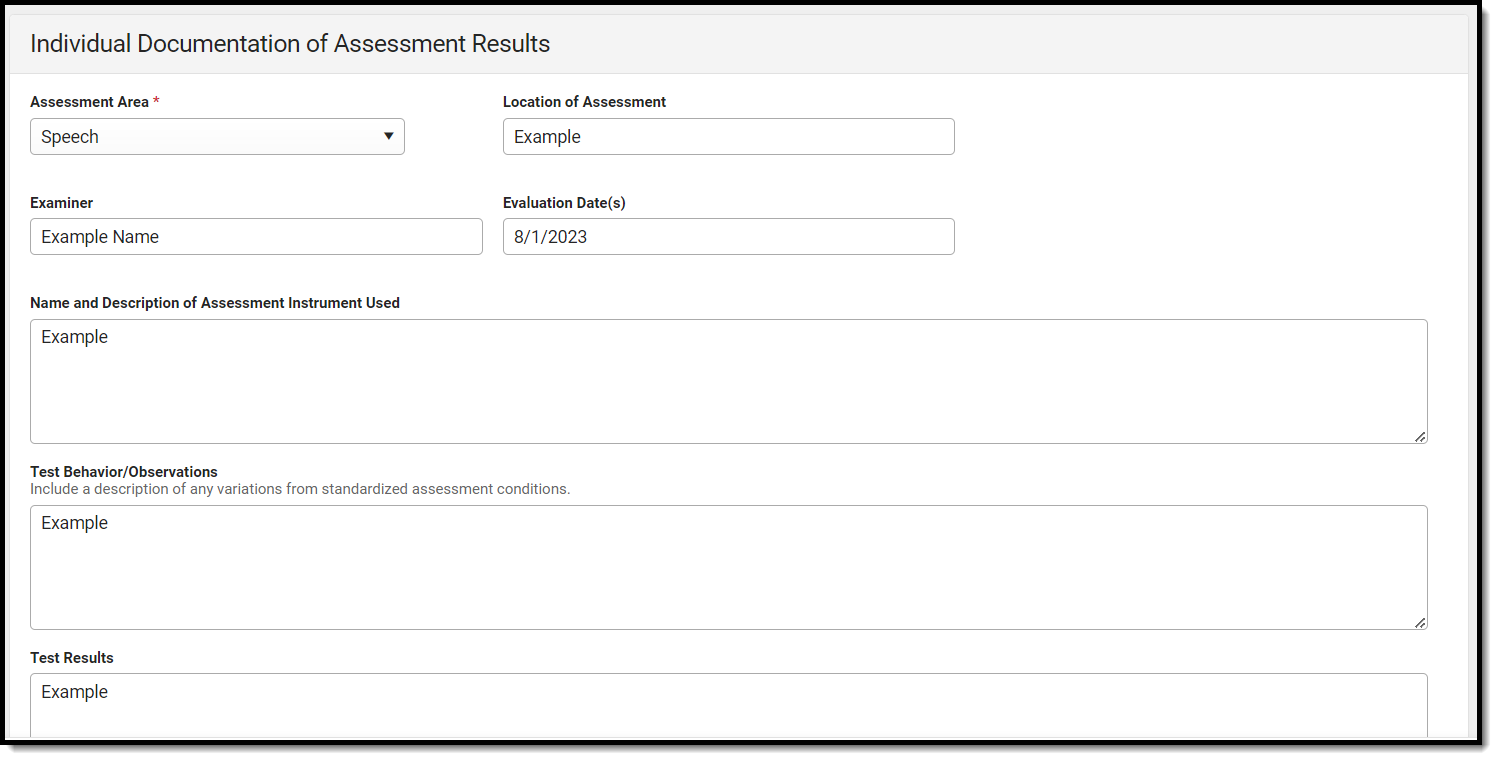Screenshot of Individual Documentation of Assessment Results detail screen.
