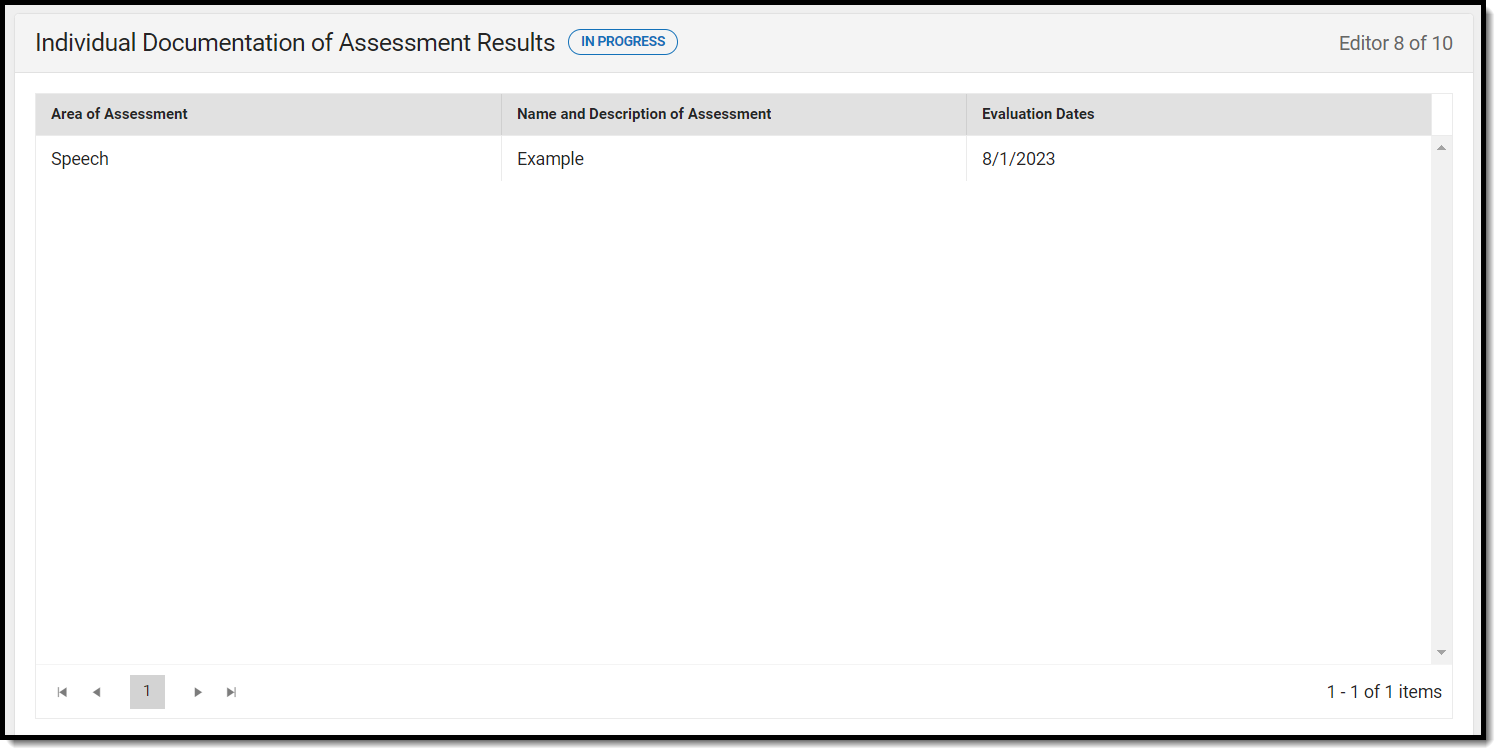 Screenshot of Individual Documentation of Assessment Results list screen.