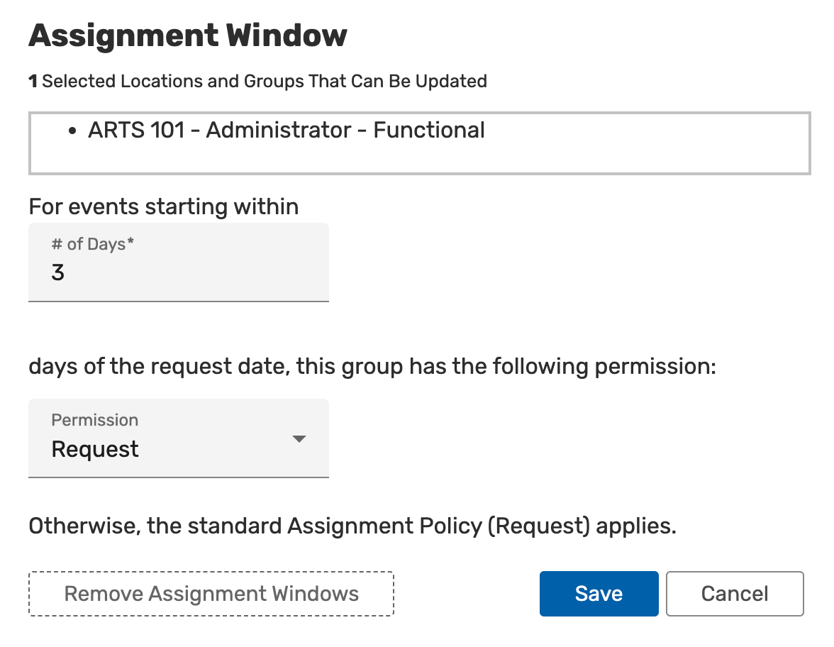 Assignment window settings