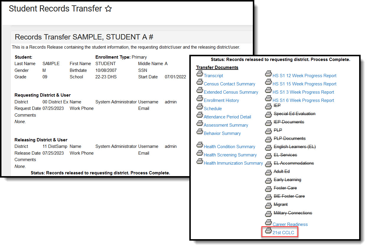 Screenshot of Student Records Transfer with 21st CCLC highlighted.