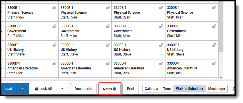 Screenshot of the blue dot on the Notes button that displays when a note exists for a student. 
