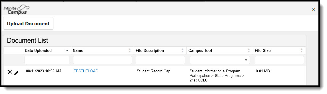 Screen shot showing Document List side panel, uploaded document, and Upload/Cancel buttons.