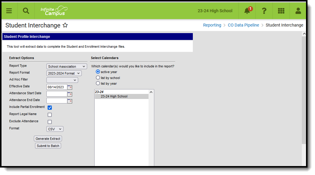 Screenshot of the School Association Extract, located at Reporting, CO Data Pipeline, Student Interchange