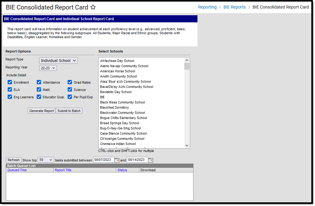 Screenshot of the BIE Consolidated Report Card Detail editor.