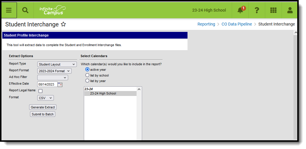 Screenshot of the Student Layout Extract, located at Reporting, CO Data Pipeline, Student Interchange. 