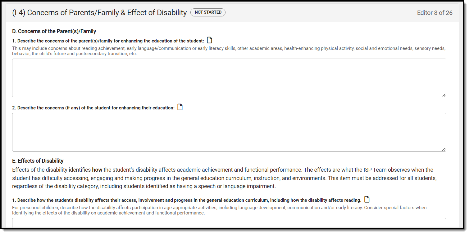 Screenshot of the Concerns of Parents/Family and Effects of Disability editor.