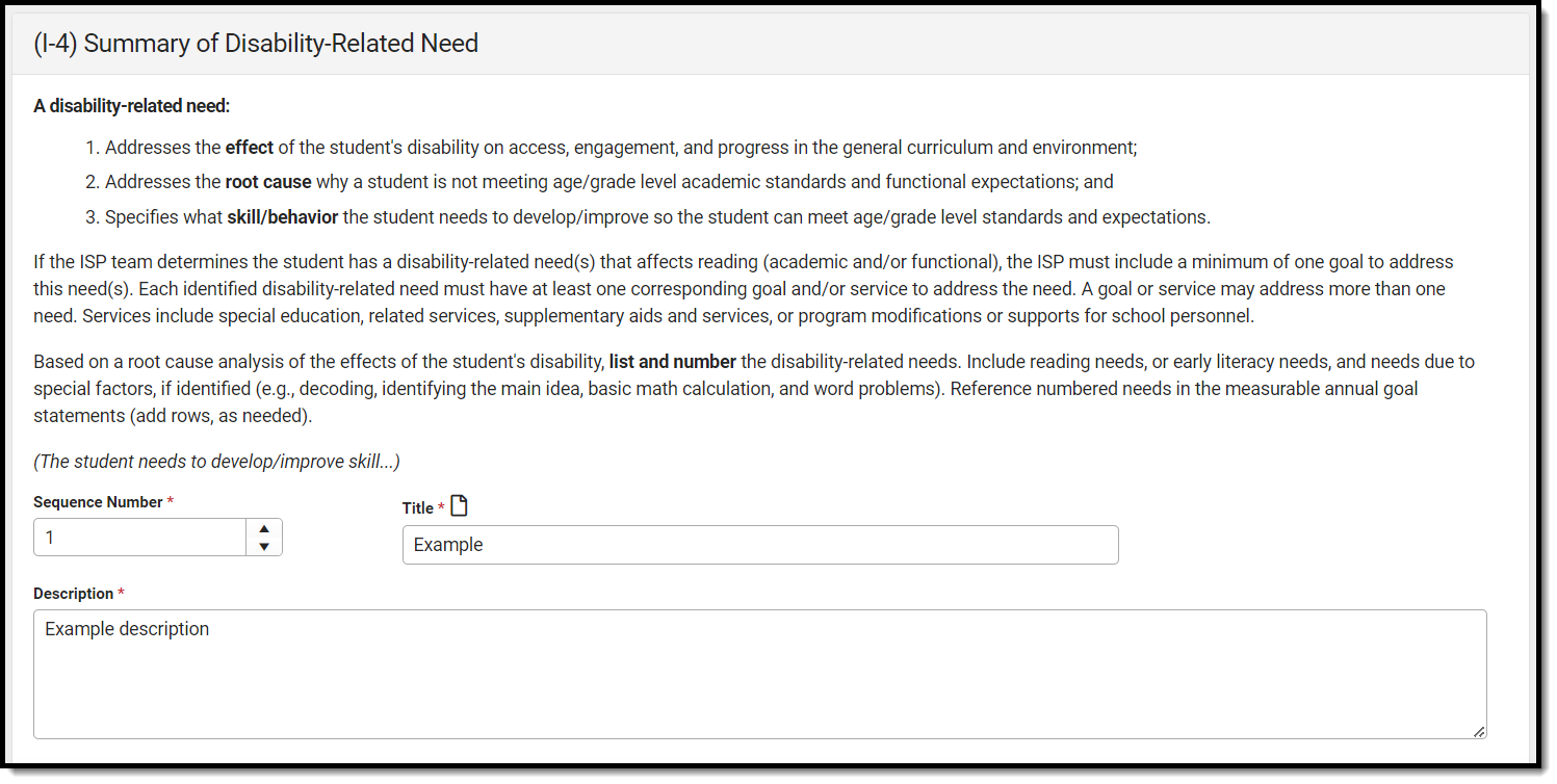Screenshot of the Summary of Disability-Related Needs detail screen.