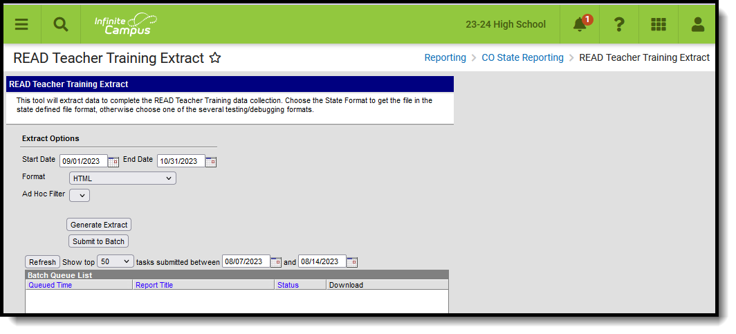 Screenshot of the READ Teacher Training Extract, located at Reporting, CO State Reporting. 
