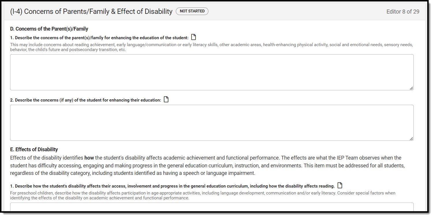 Screenshot of the Concerns of Parents/Family and Effect of Disability editor. 