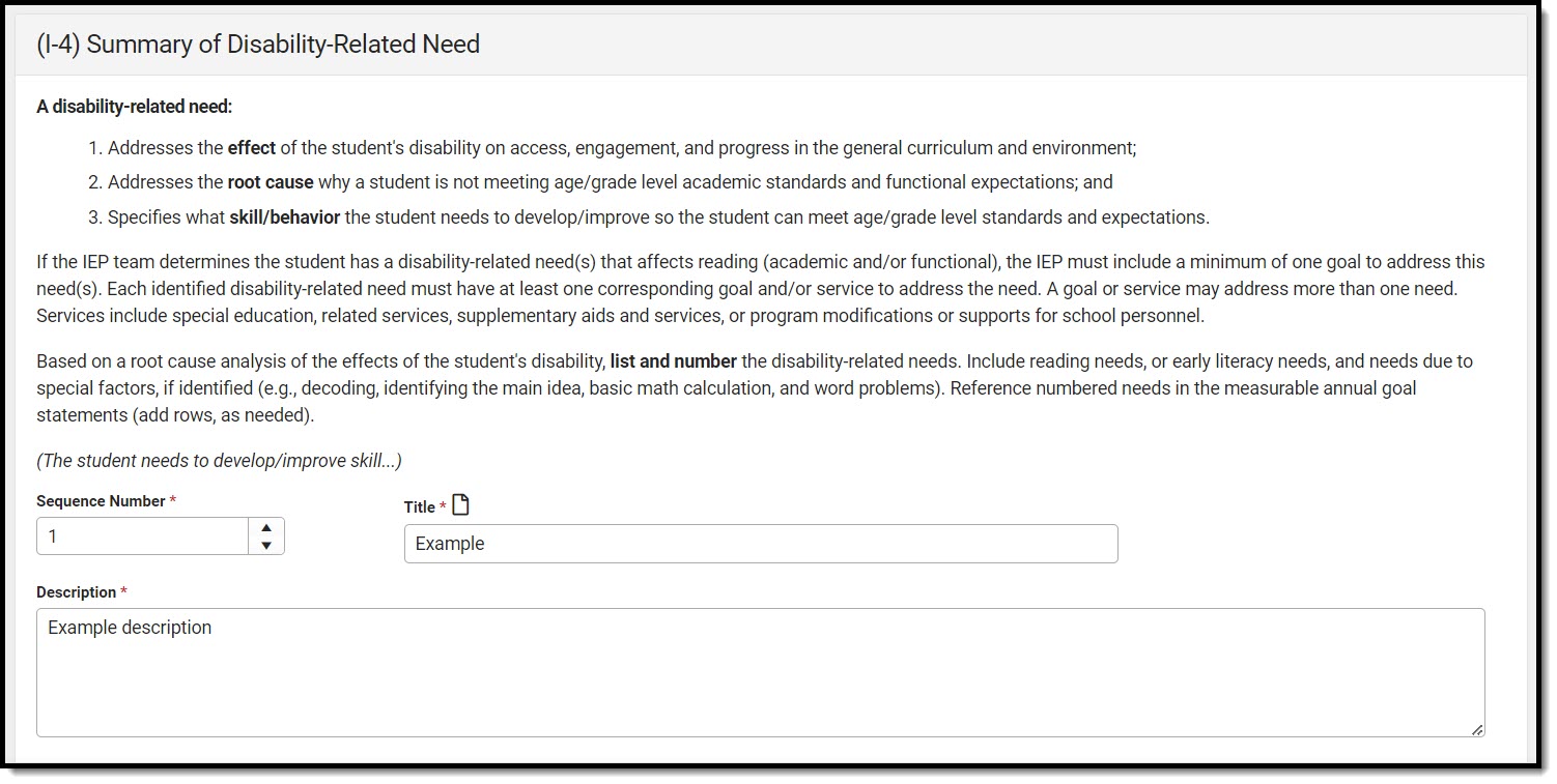 Screenshot of the Summary of Disability-related needs detail Screen. 