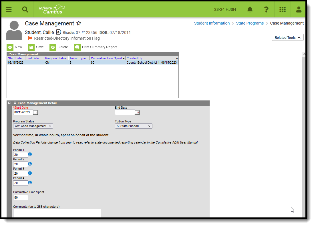 Screenshot of the Case Management tool, located at Student Information, State Programs. 