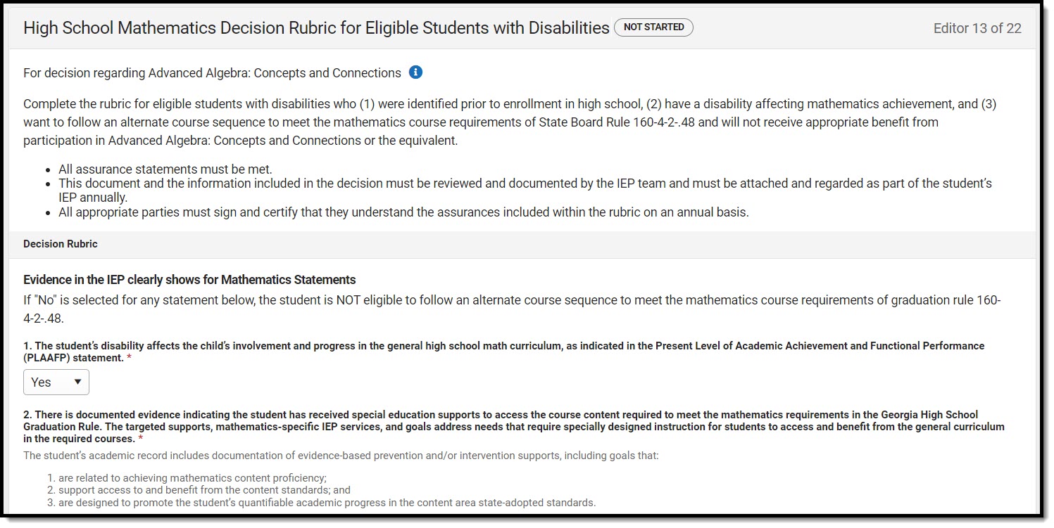 Screenshot of the High School Mathematics Decision Rubric editor.