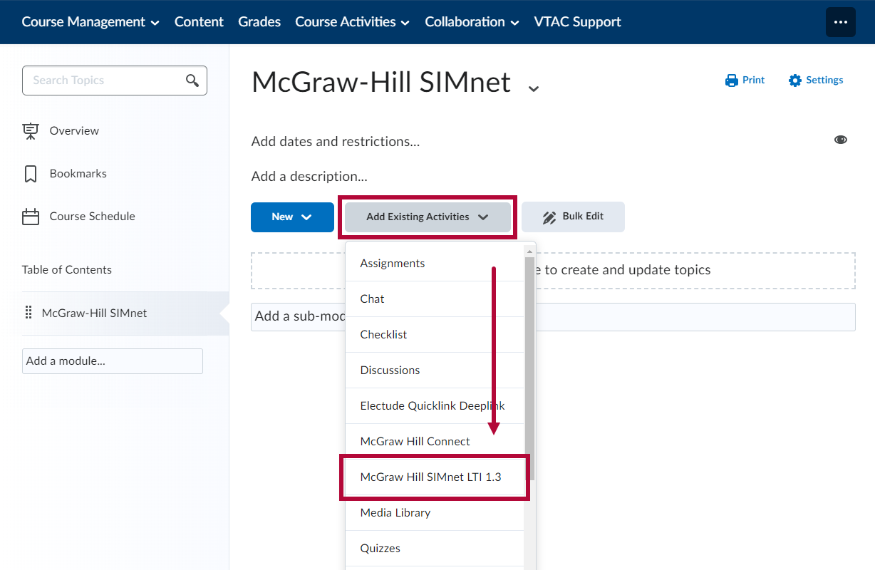 Identifies the McGraw Hill SIMnet LTI 1.3 option under Add Existing Activities button.