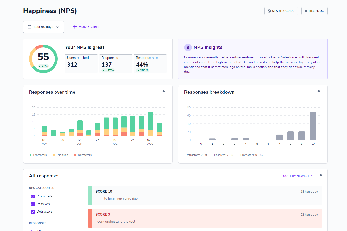 Happiness section of Userlane HEART analytics showing the NPS results