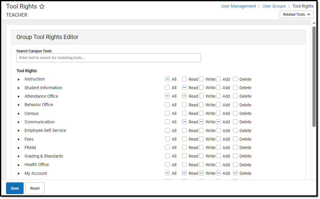 screenshot of user group tool rights