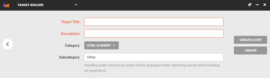 The final panel of Target Builder, with the Target Title, Description, Subcategory fields and the CREATE & EXIT button