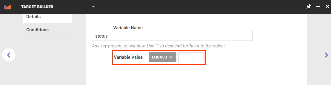 Callout of the Variable Value selector and field on the Details tab for a target based on a JavaScript text variable in Target Builder