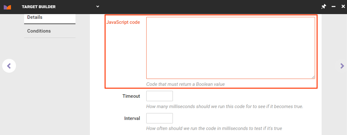 Callout of the 'JavaScript code' field on the Details tab