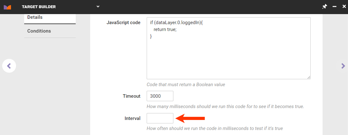 Callout of the Interval field on the Details tab of Target Builder for a target based on a JavaScript code