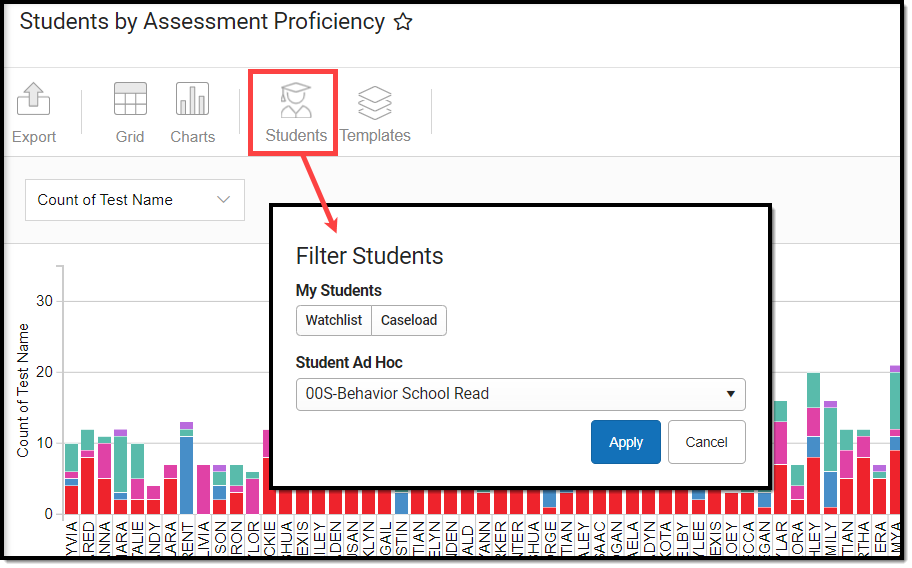 screenshot of selecting student filter options