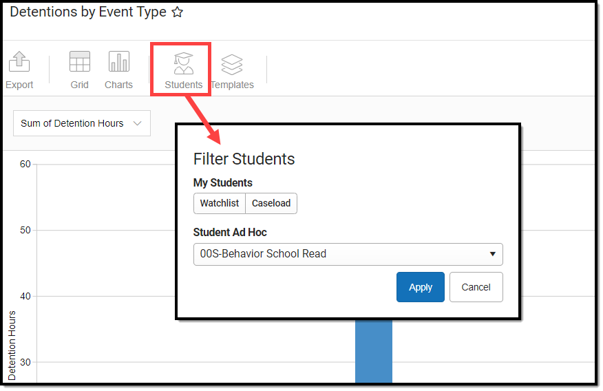 screenshot of clicking the Students button and accessing the Filter Students editor