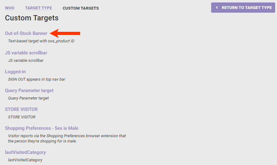 The Custom Targets panel of the WHO settings, with a callout of an 'Out-of-Stock Banner' custom target that's configured to look for the 'oos_product' HTML element ID.