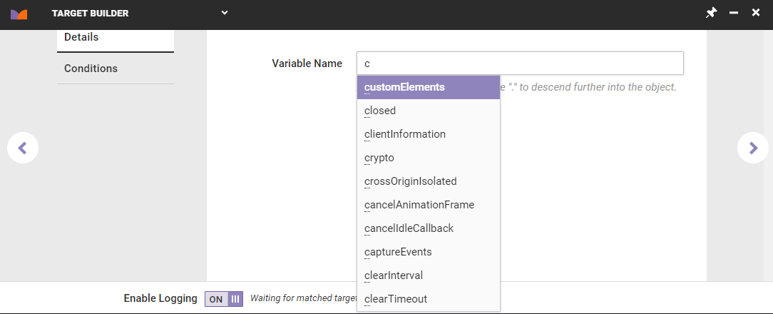 The Variable Name field on the Details tab of Target Builder for a JavaScript variable value–based ID Collector