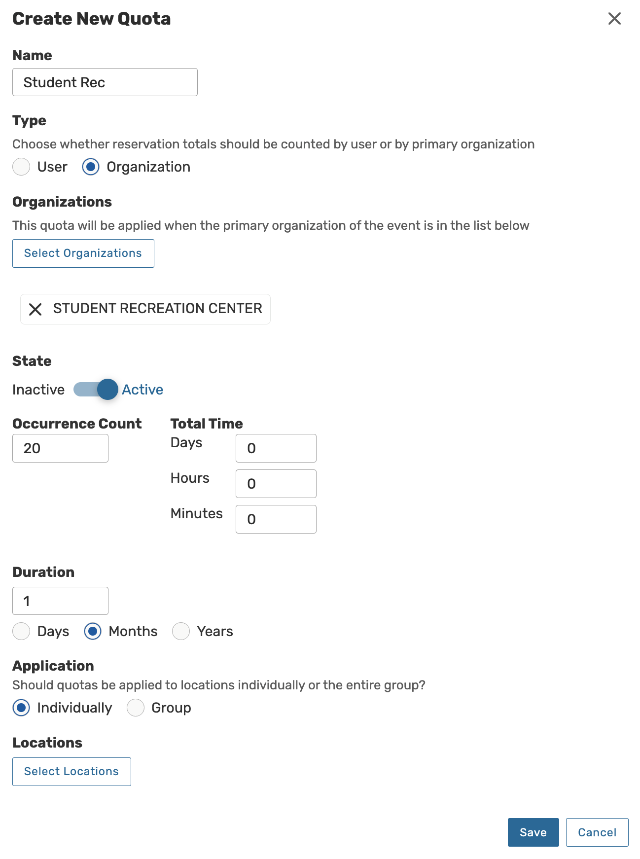 organization type event quota form 